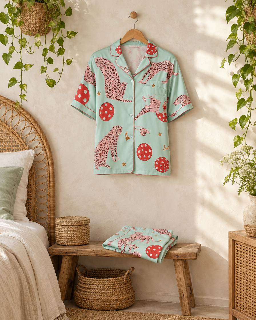 Lucky Dice cotton pyjama shirt on a hanger beside a rattan bed, pink cheetah print trousers folded on a bench.
