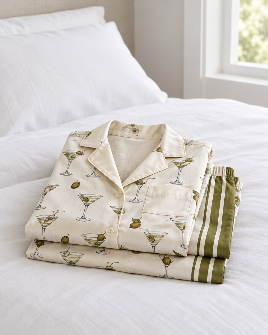 Martini Olive pyjama set folded on crisp white bedding