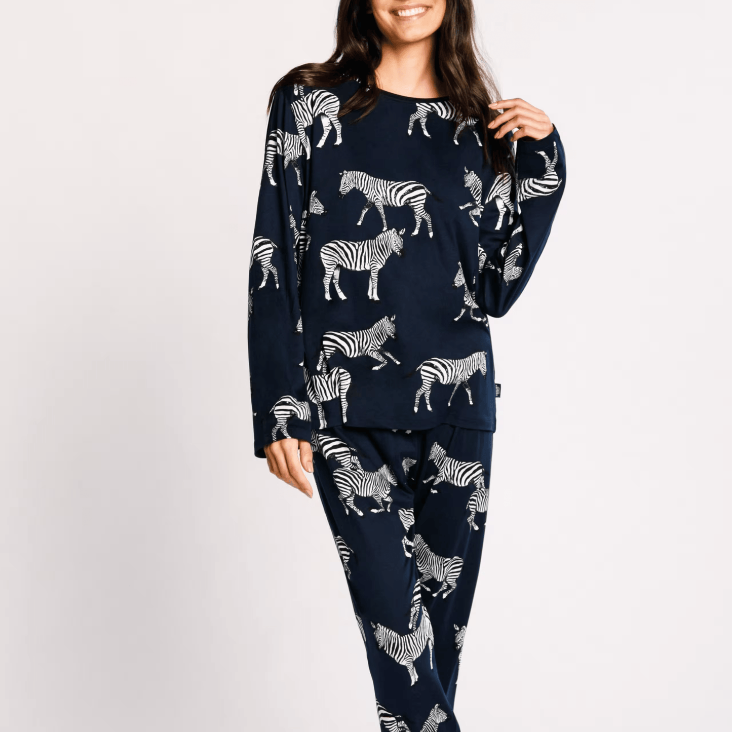 Navy Zebra Crewneck Long Pyjama Set — Women's