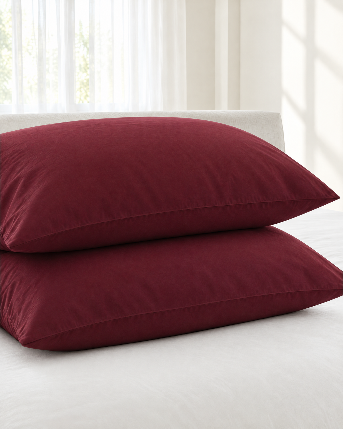 Pair of burgundy red plain cotton pillowcases stacked on crisp white bedding