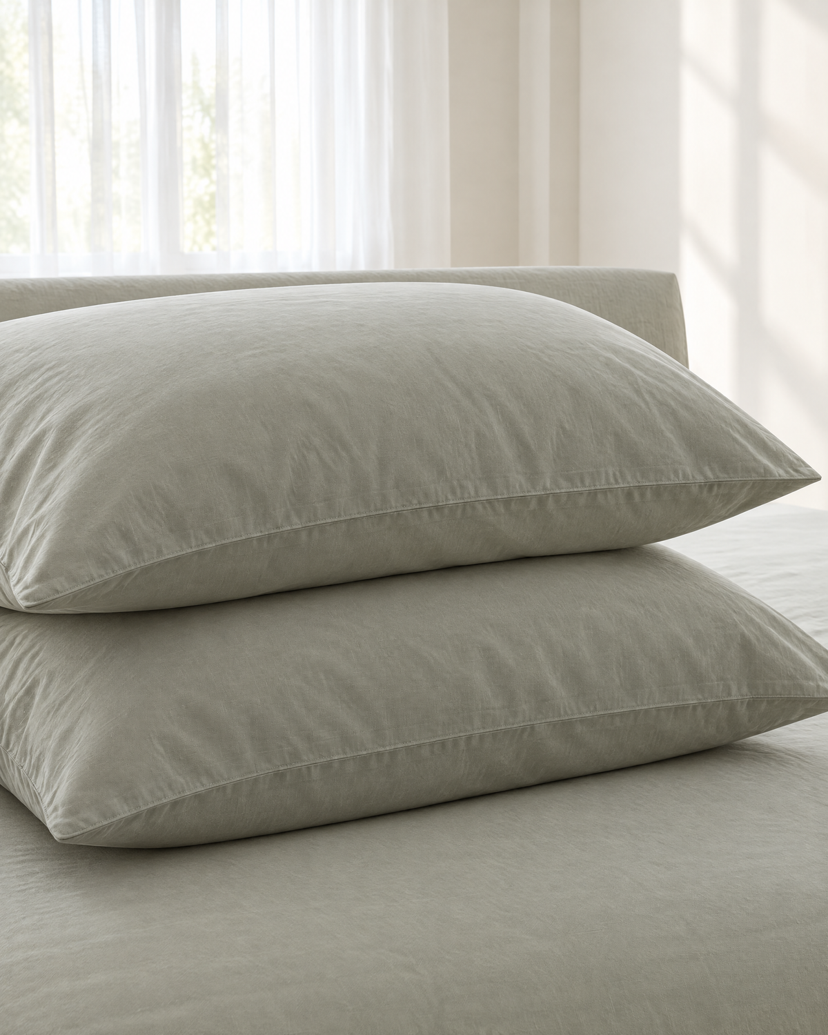 Mint Grey plain cotton percale pillowcases close-up on a made bed