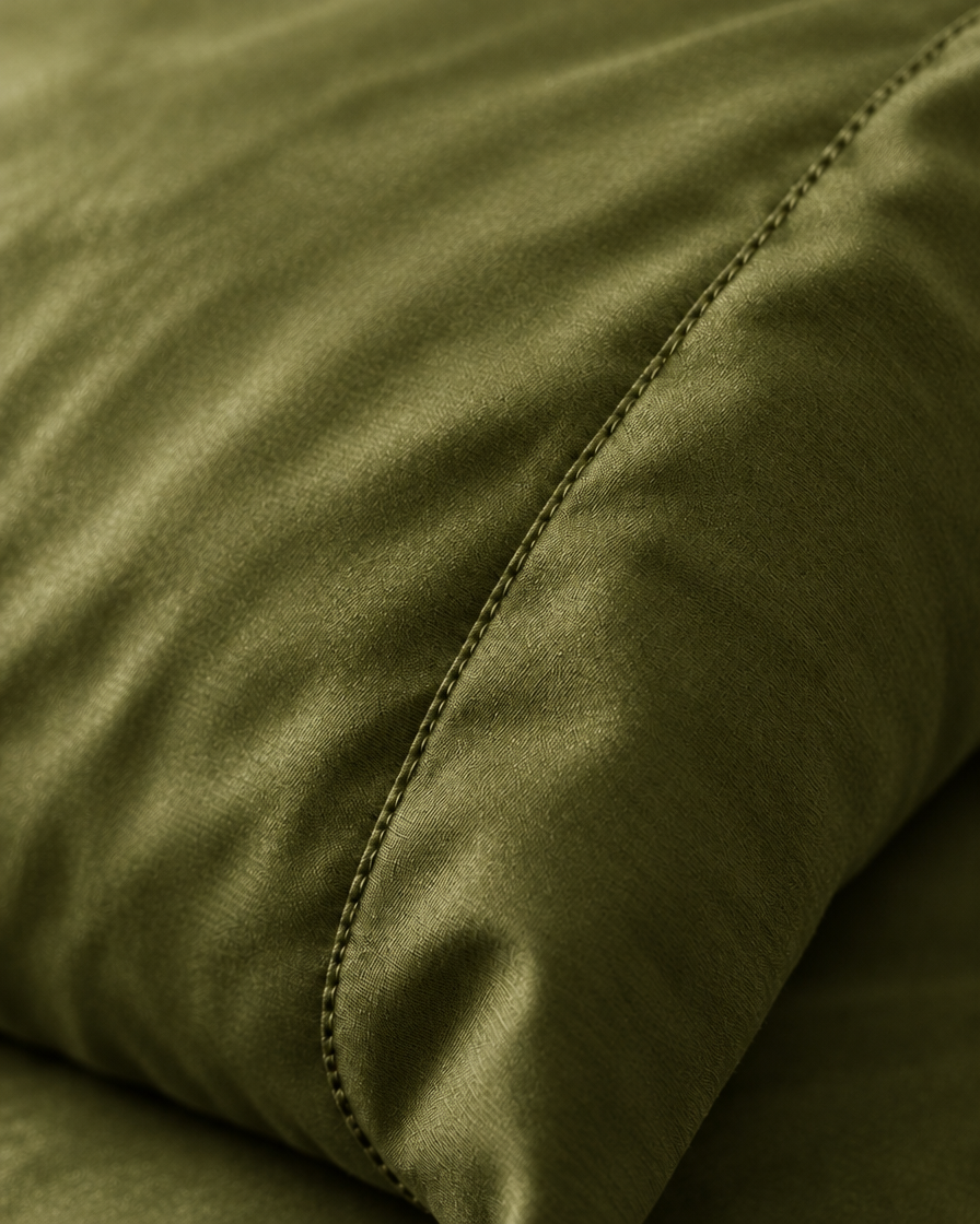 Macro of the stitched seam on a Juniper Green pillow in silky cotton pillowcases.