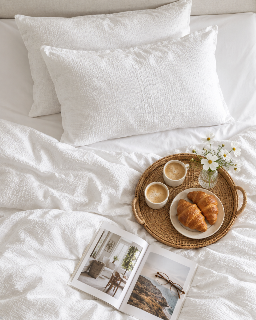 White Cloud Cotton pillowcase pair on rectangular pillows, seen from above with a breakfast tray and magazine