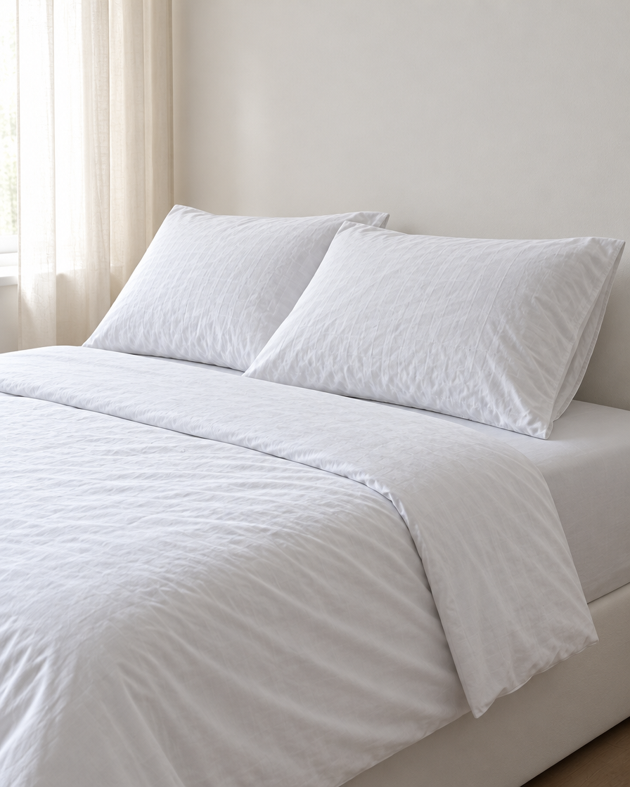 Milky White Pillowcase Pair - Silky Cotton made up on a bed in a calm, light bedroom