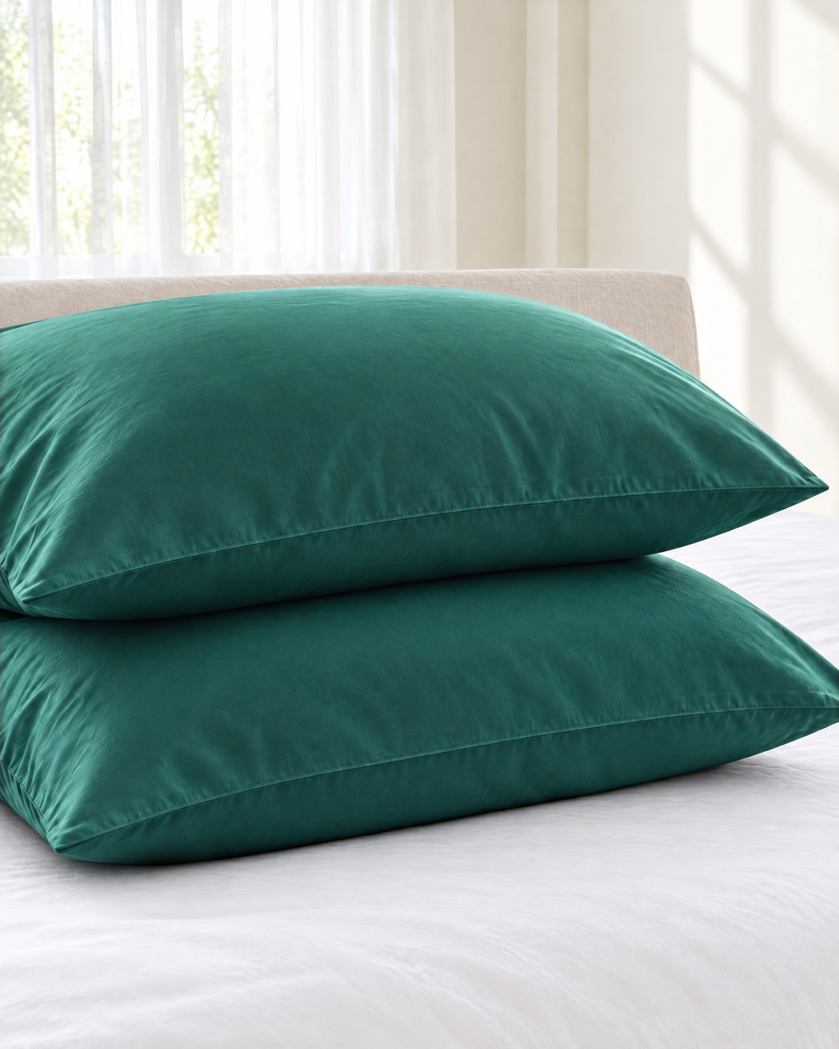 Two pine green silky cotton pillowcases with a soft sheen, stacked on white bedding