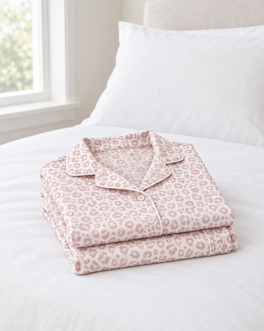 Pink cheetah print pyjama set folded on white bedding in daylight