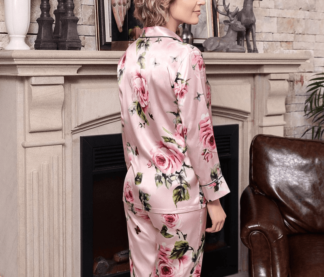 19 momme Pink Roses Long Pyjama Set — Women's