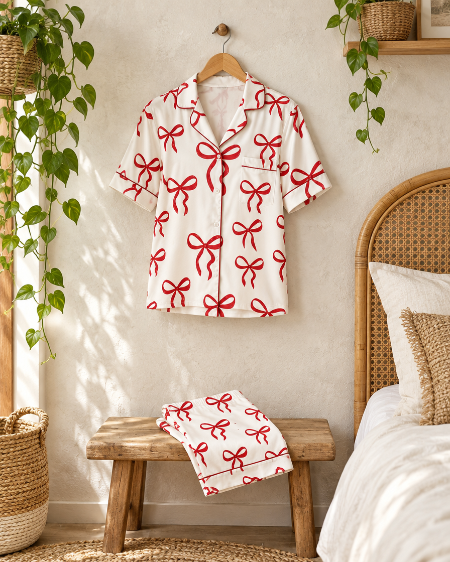 Ribbon Red Modal Cloud pyjama shirt hung on a limewashed wall in a boho bedroom, bow print trousers below.