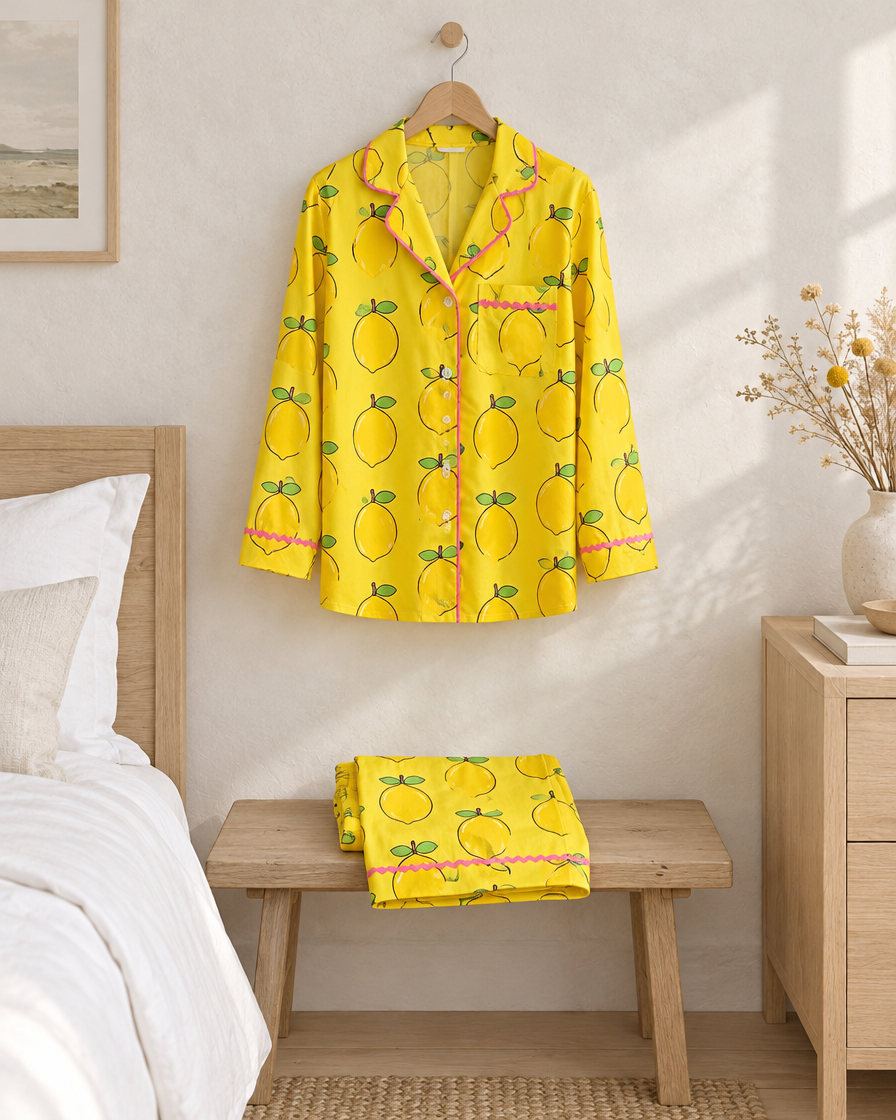 Ripe Lemon long pyjama shirt with pink ric-rac trim on a hanger in a Scandi bedroom, trousers on a bench.