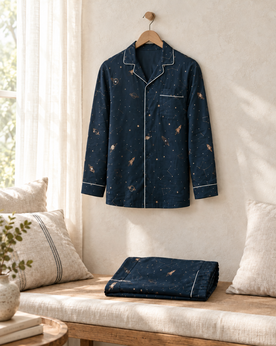 Rocketman Modal Cloud pyjama top hung on a limewashed wall above a window seat, navy trousers folded below.
