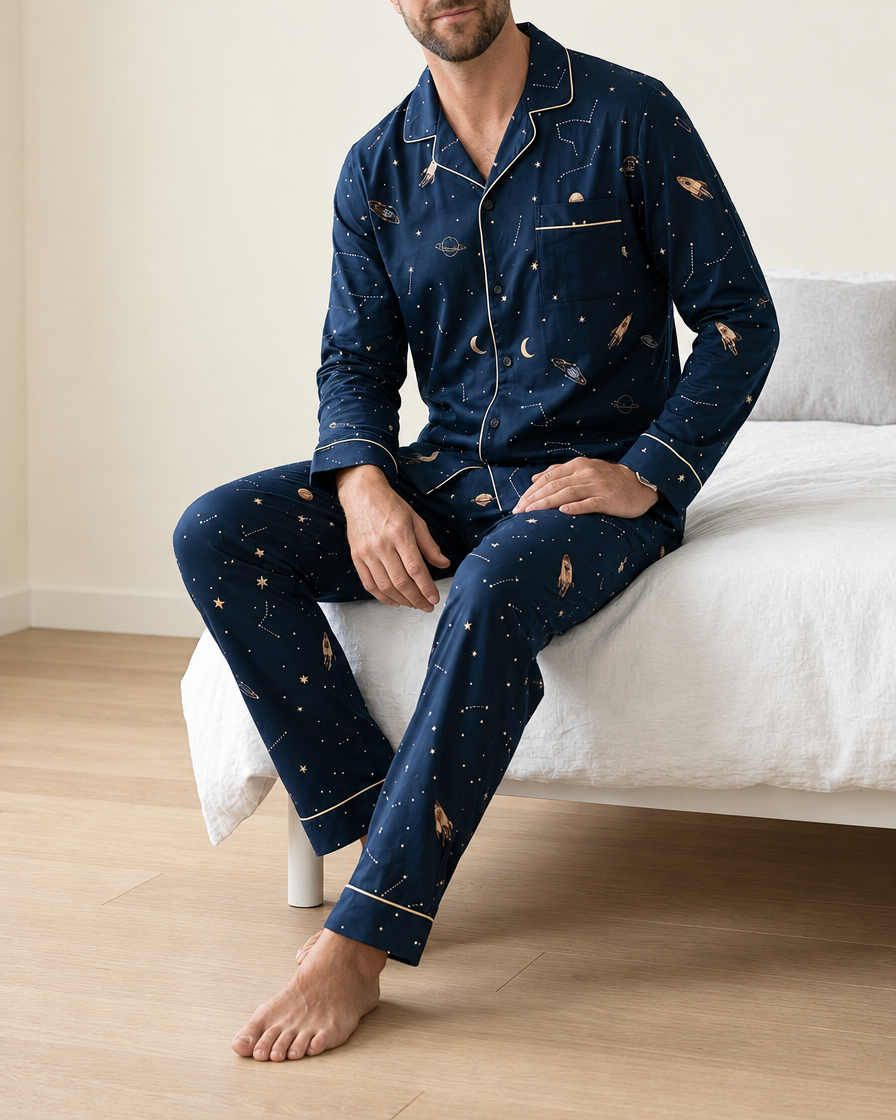 Man seated on a bed in the Rocketman Modal Cloud pyjama set.