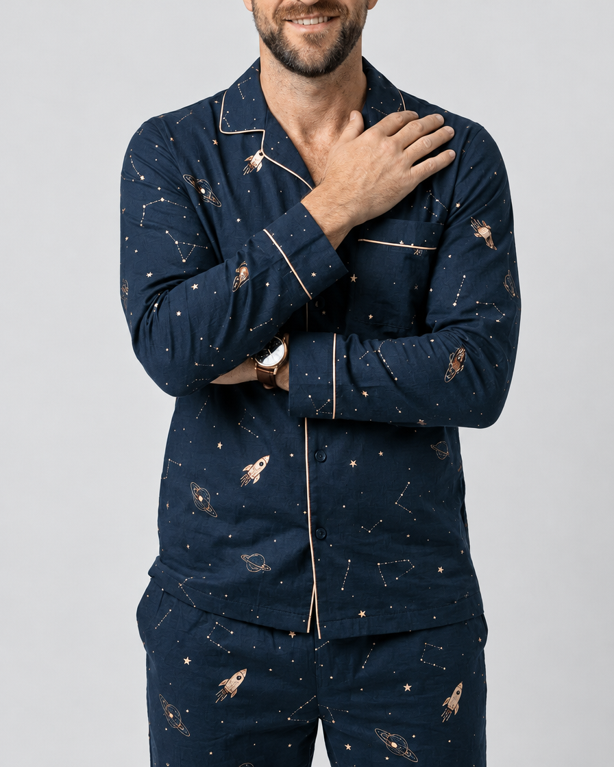 Close view of the men's Rocketman Modal Cloud pyjama top and rocket print.