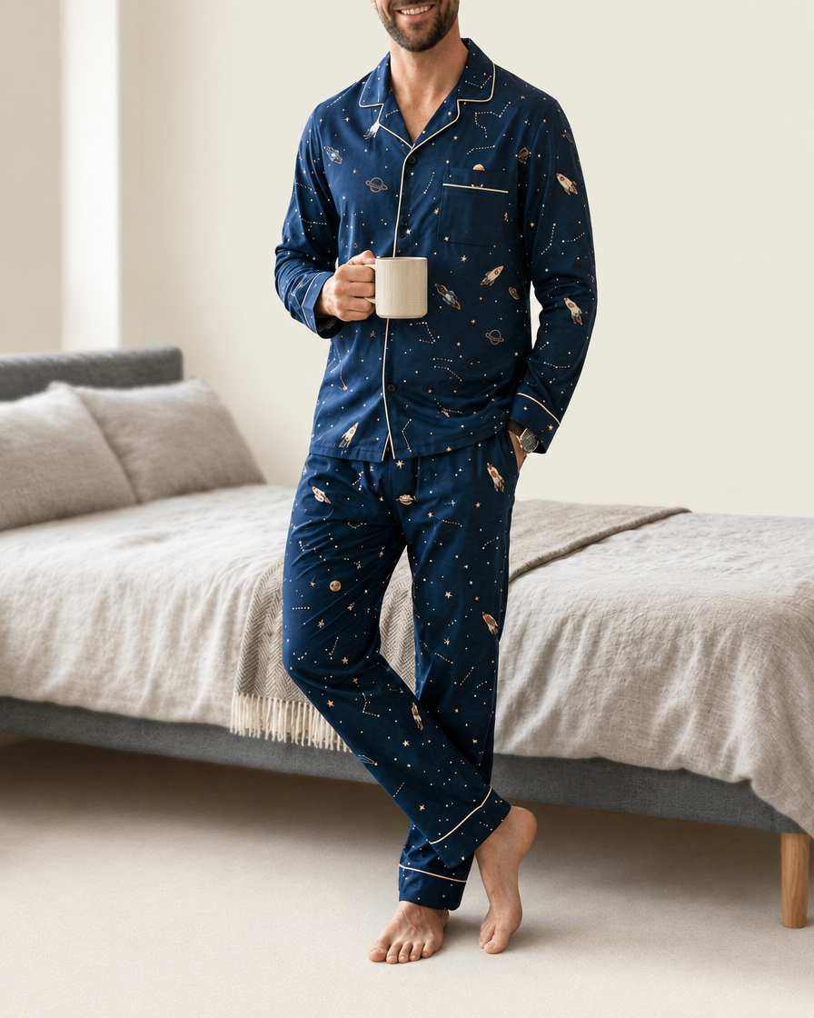 Men's Rocketman Modal Cloud pyjama set worn beside a bed.