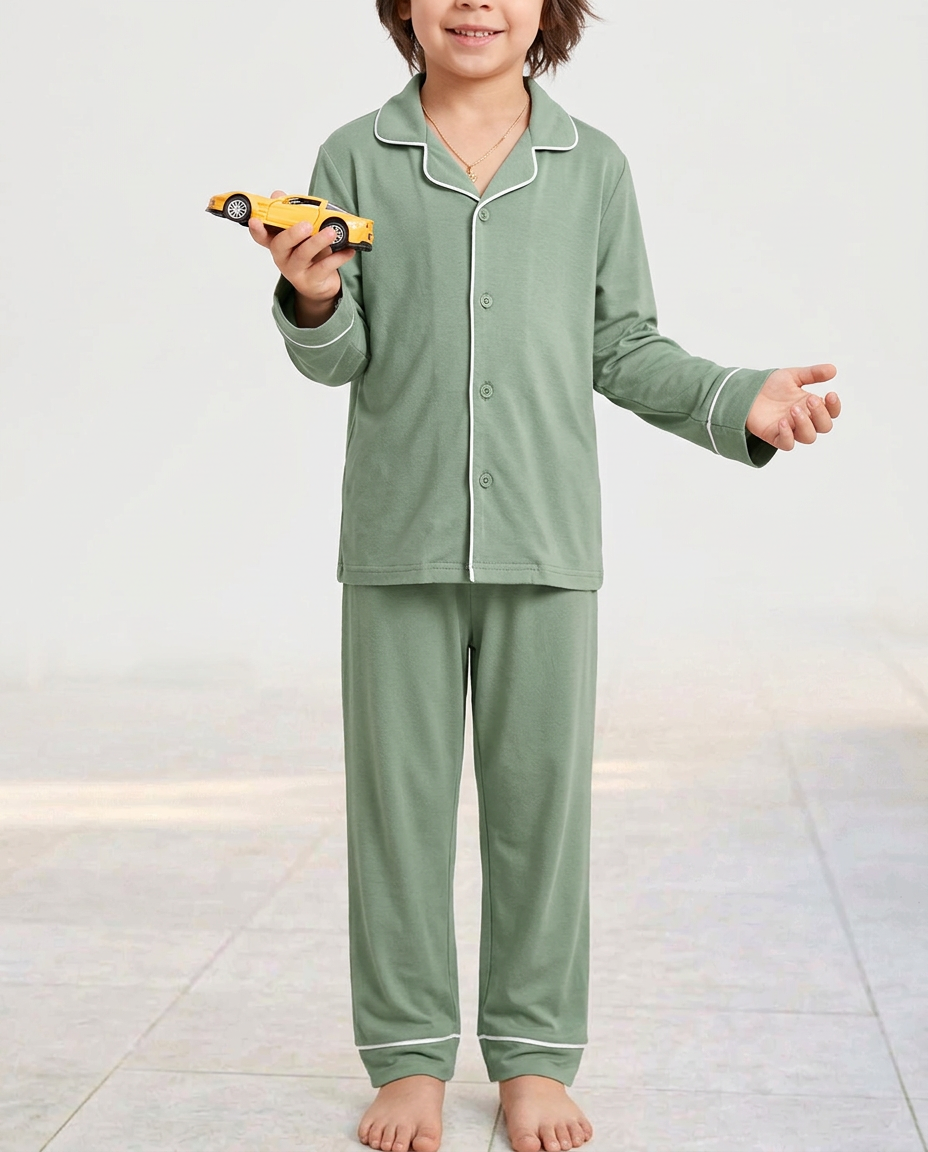 Solid Sage Green Long Pyjama Set — Kids