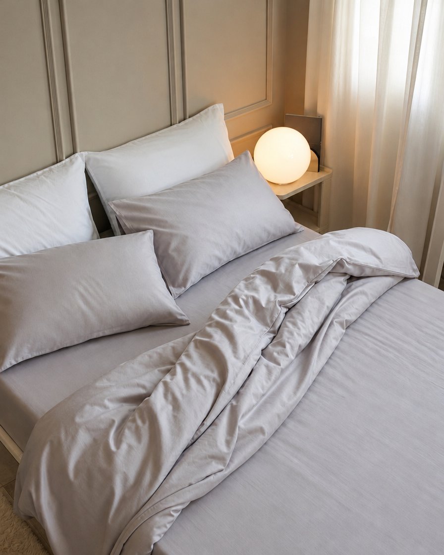 Pale grey silky cotton fitted sheet, pillows and duvet beside a glowing globe lamp