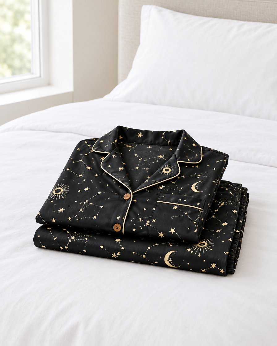 Starry Night long pyjama set folded at the foot of a white made bed