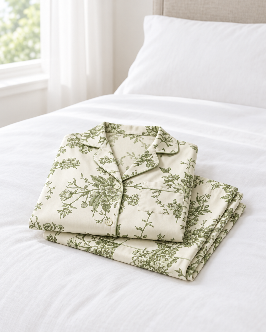 Summerhouse green floral Modal Cloud pyjama set folded on a white bed