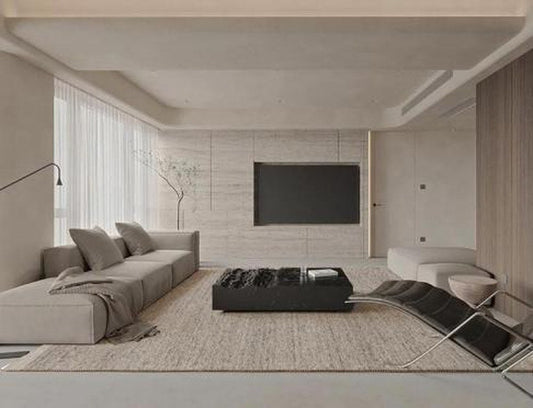 Oatmeal wool loop-pile rug in a large modern living room