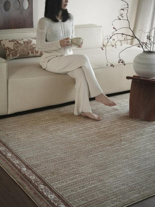 Taupe vintage-look woven polyester rug laid in front of a cream sofa