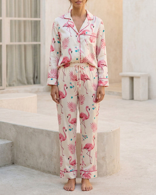 Flamingo Season long pyjama set in Modal Cloud