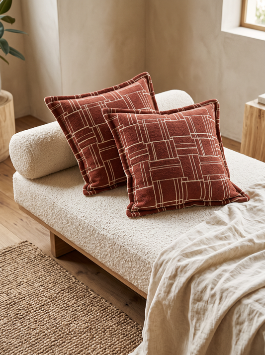 Rust grid jacquard cushion covers on a cream boucle daybed in a warm, light room