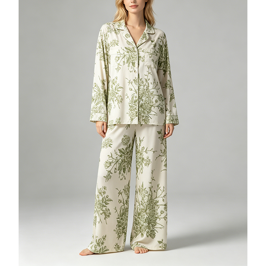 Summerhouse long pyjama set in Modal Cloud, worn on a slow morning