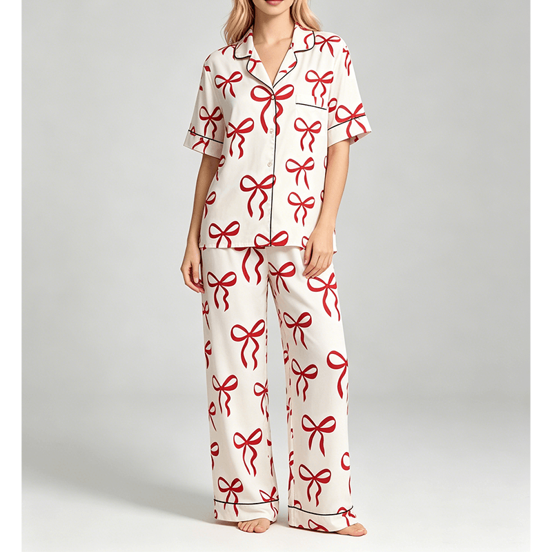 Ribbon Red long pyjama set in Modal Cloud