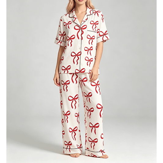 Ribbon Red long pyjama set in Modal Cloud