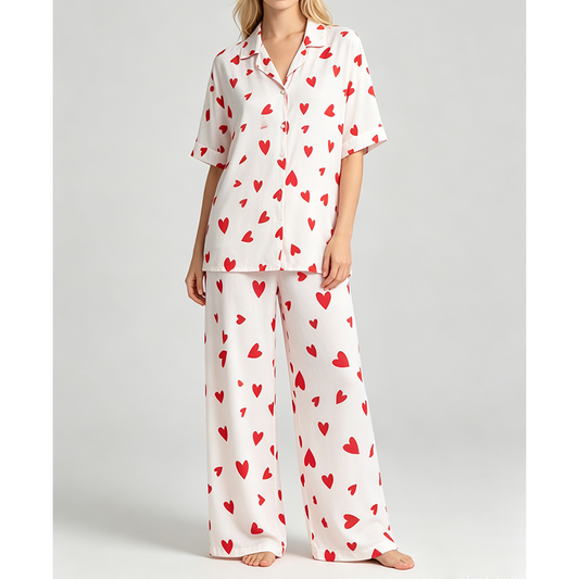 Hearts long pyjama set in Modal Cloud, hanging crease-free