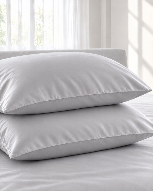 Two Silver Silky Cotton sateen pillowcases stacked on a pale grey sheet in soft window light