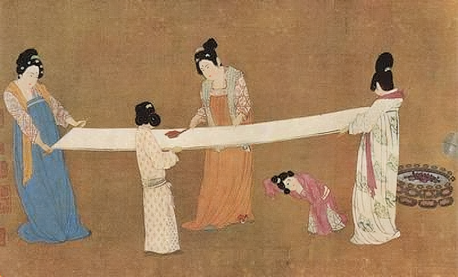 A classical Chinese painting of court women stretching a length of newly woven silk