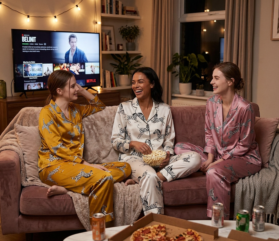 Three friends in golden, white and pink zebra pyjama sets sharing pizza on a sofa.