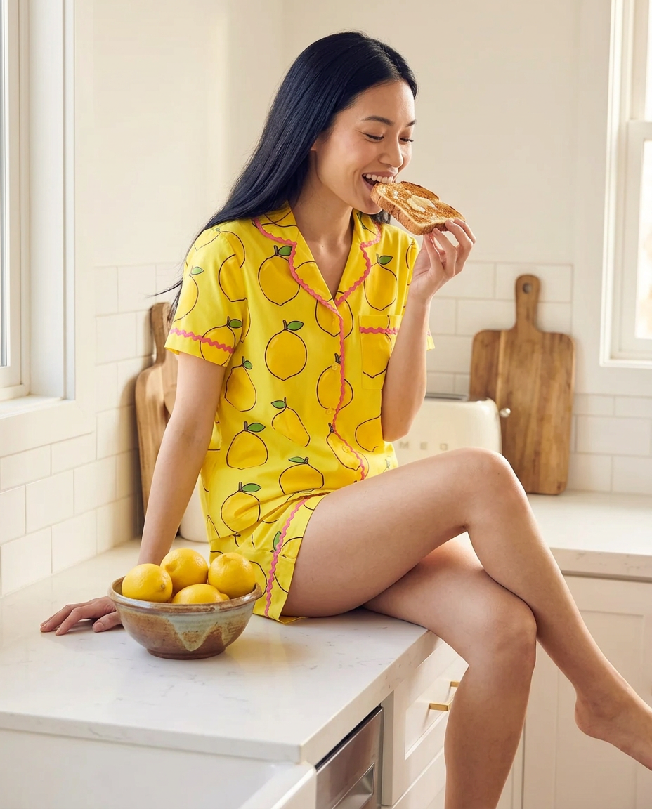 A woman in the Ripe Lemon short pyjama set sitting on a kitchen counter beside a bowl of lemons.