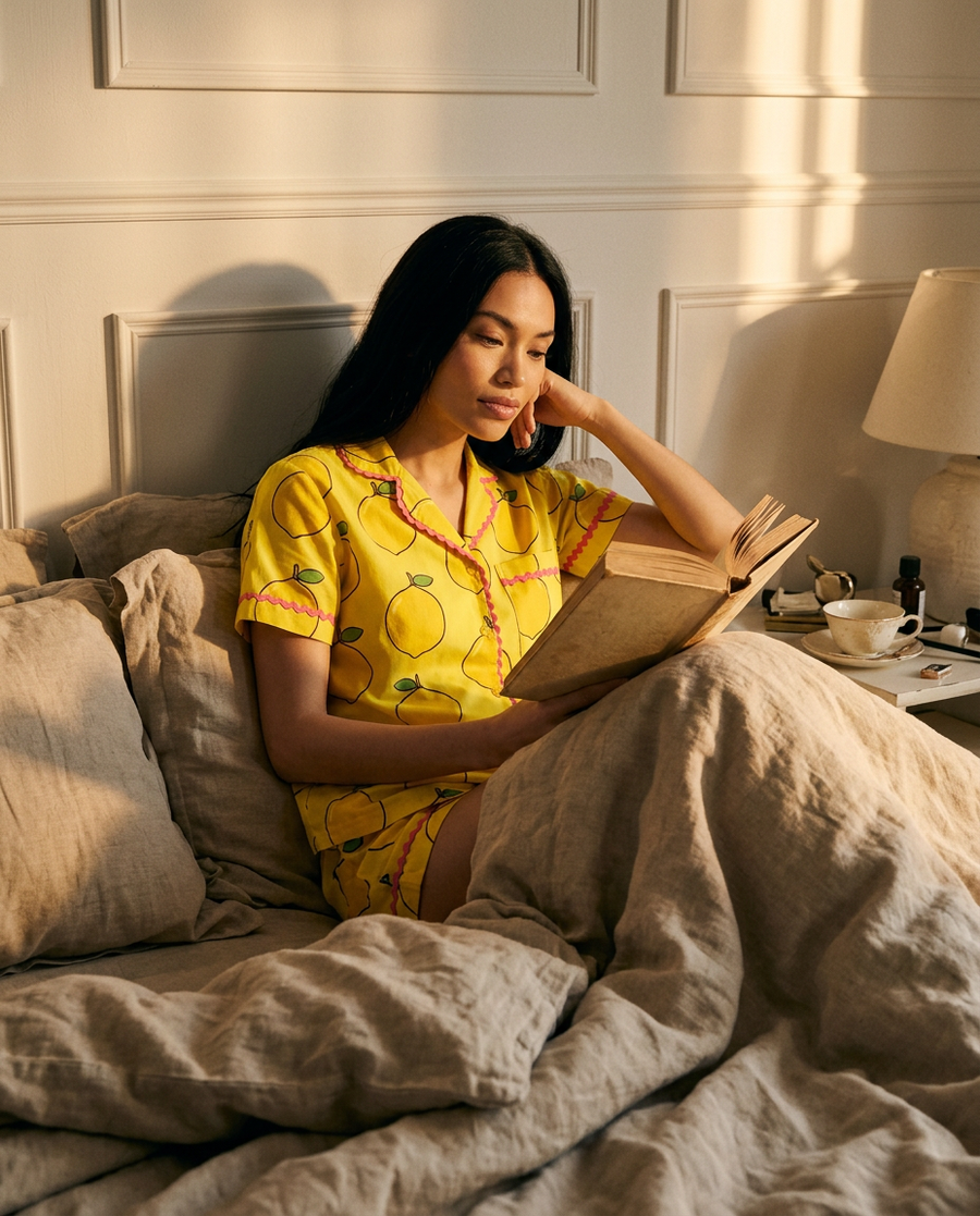 A woman in the Ripe Lemon short pyjama set reading in a bed of rumpled natural bedding.