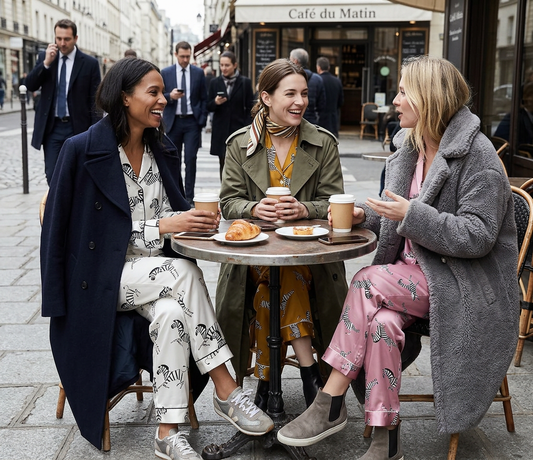 Three friends at a Paris café table wearing zebra print pyjama sets under their coats.