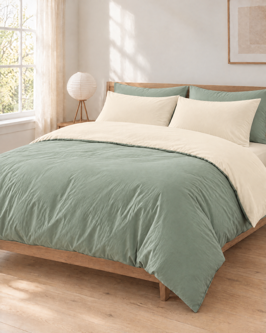 Mint Green and Cream reversible Plain Cotton bedding on a wooden bed, cream pillowcases set against the green duvet