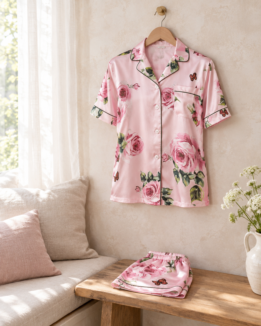 Pink Roses mulberry silk short pyjama shirt on a hanger above a window seat, shorts folded on a bench.