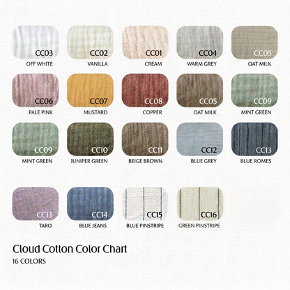 Cloud cotton colour chart showing the 16 colourways, with names and codes under each swatch.