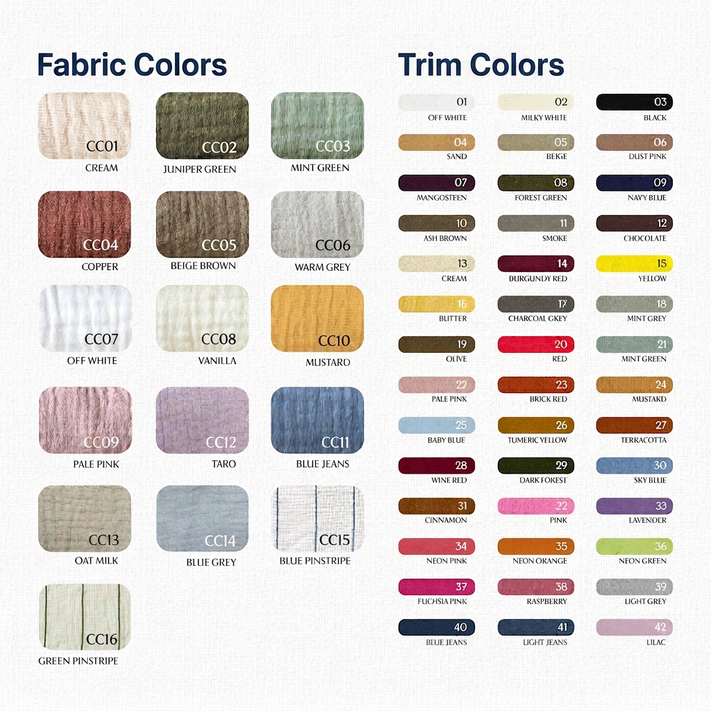 Cloud Cotton fabric and trim colour palette - fabric and piping colourways available to order