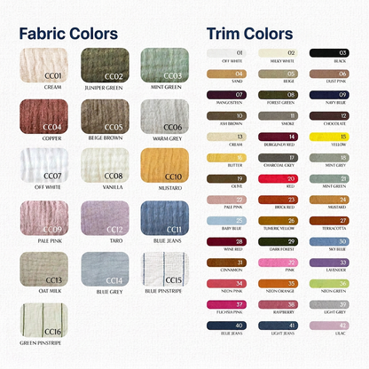 Cloud Cotton fabric and trim colour palette - fabric and piping colourways available to order