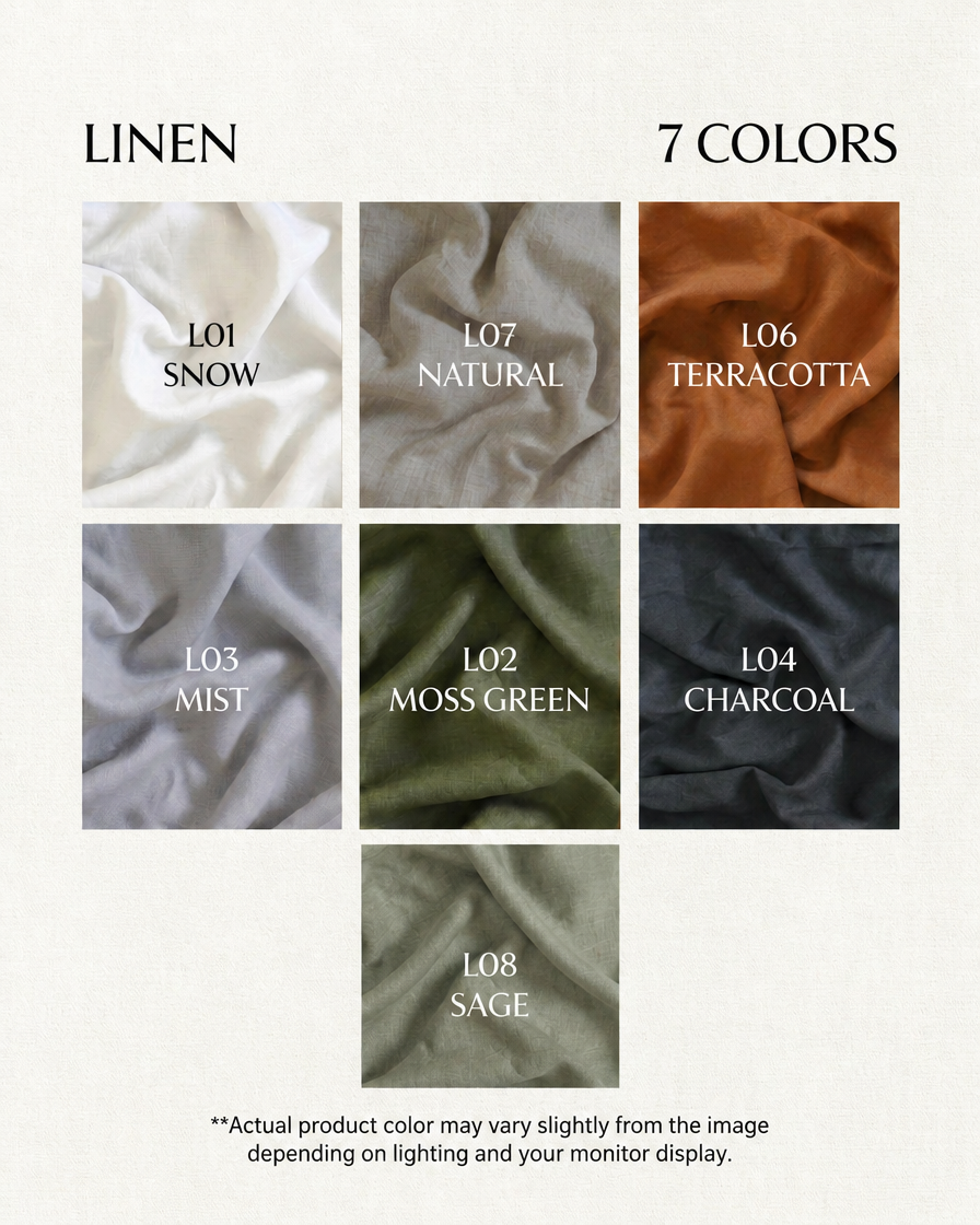 French linen colour chart: Snow, Natural, Terracotta, Mist, Moss Green, Charcoal and Sage