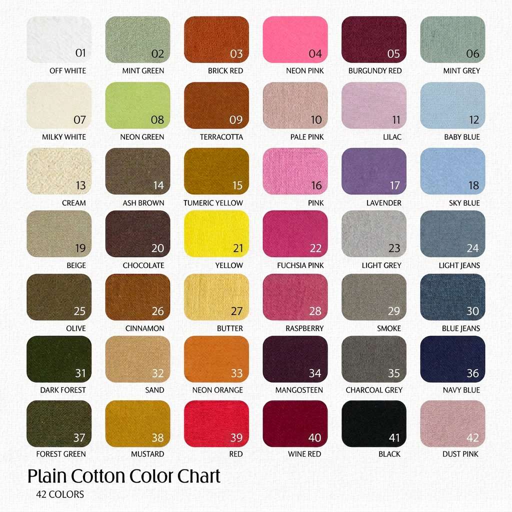 Plain cotton colour chart showing all 42 colourways, with names and codes under each swatch.