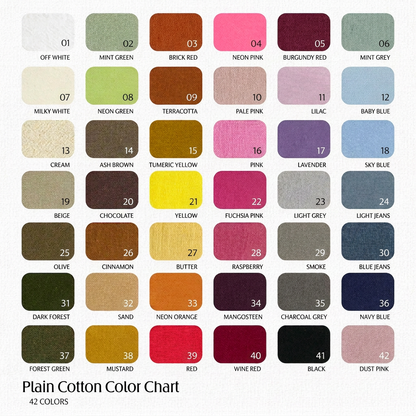 Plain cotton colour chart showing all 42 colourways, with names and codes under each swatch.