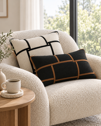 Black and cream basket weave lumbar cushions on a boucle armchair by a window with a coffee cup