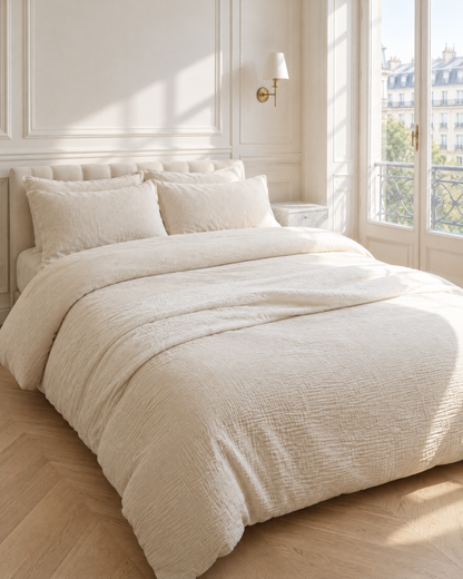 Cream Cloud Cotton bedding set, crinkled double gauze duvet cover and pillowcases on a made bed