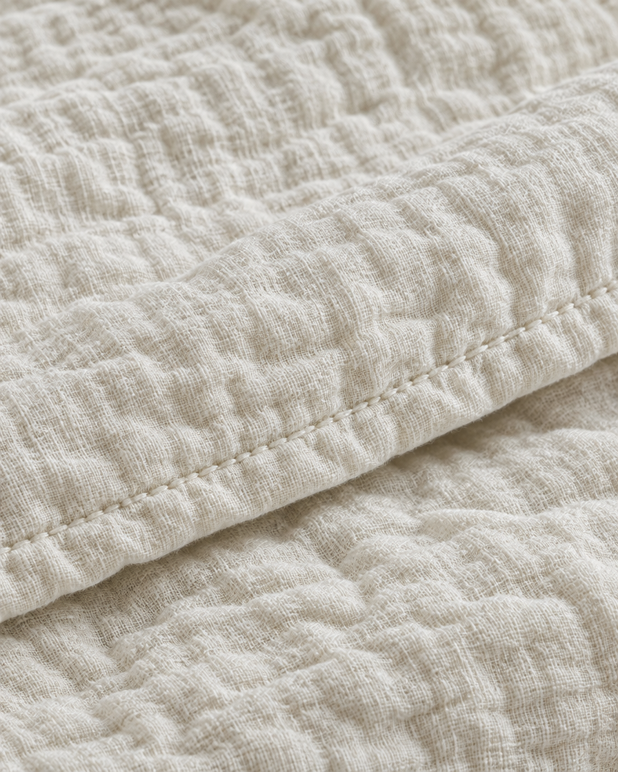 Close-up of stitched hem of the duvet cover in Cream Cloud Cotton