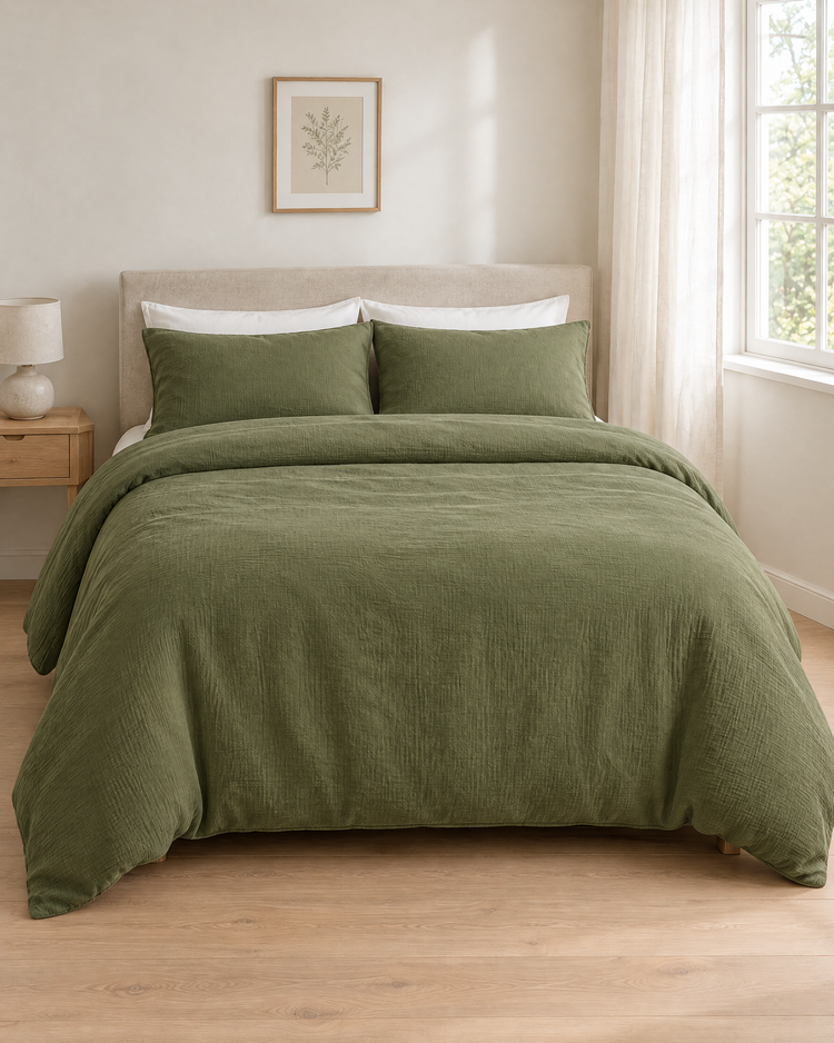 Juniper Green Cloud Cotton bedding set, crinkled double gauze duvet cover and pillowcases on a made bed