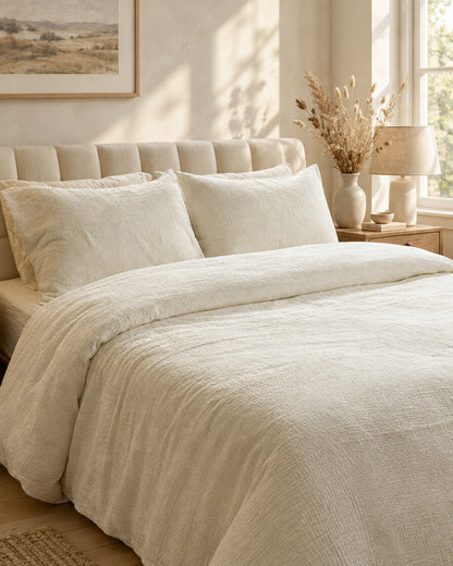 Off-white cloud cotton duvet cover and pillowcases, styled in a calm sunlit Scandinavian bedroom