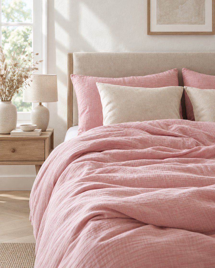 Dusty pink cloud cotton bedding, styled in a calm sunlit Scandinavian bedroom