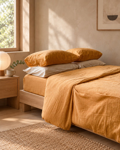 Ochre cloud cotton bedding, styled in a serene Japandi bedroom
